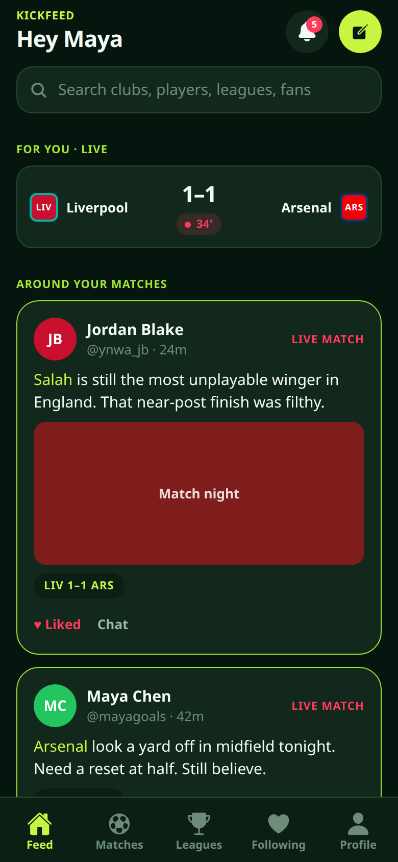 KickFeed Feed: live Liverpool vs Arsenal plus fan posts attached to the match