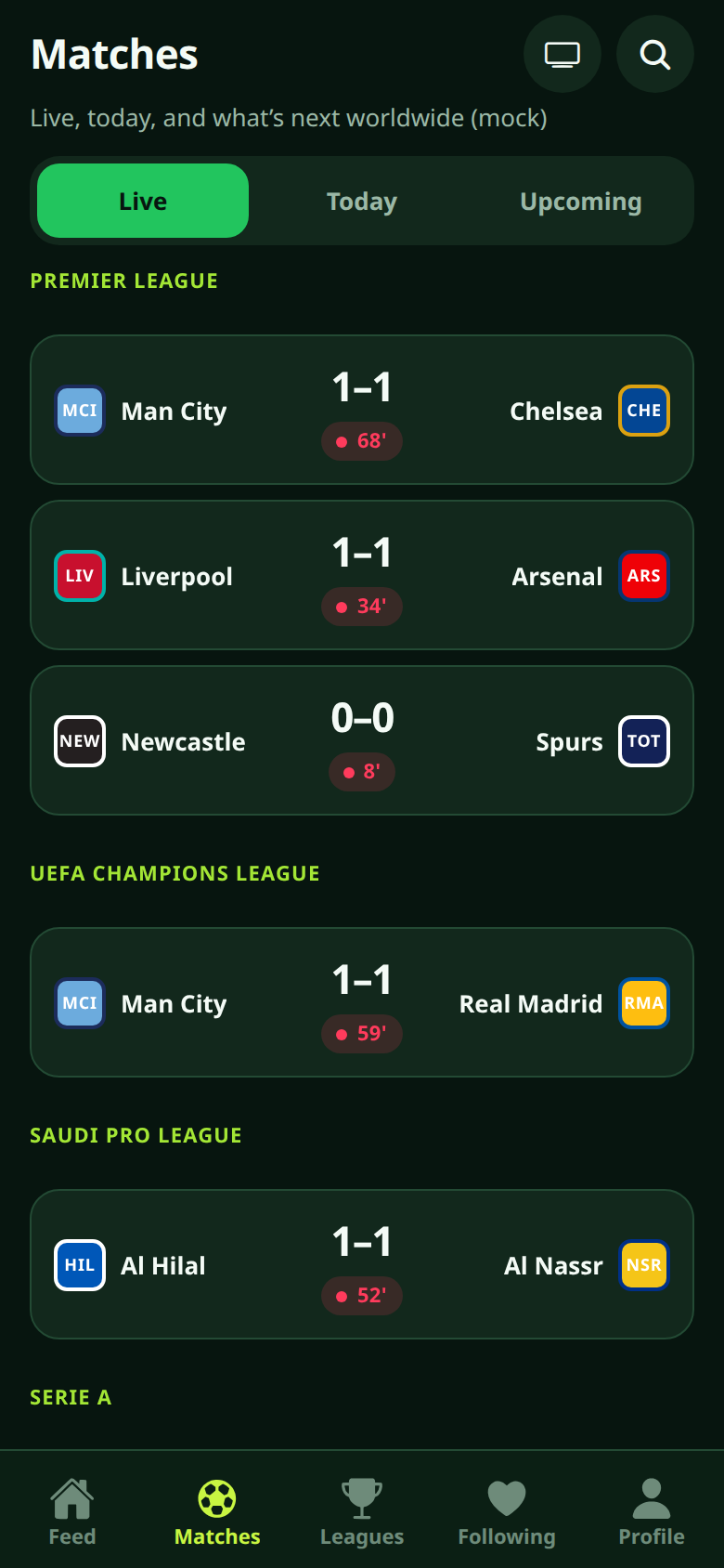 KickFeed Matches tab: live Premier League, UCL, and worldwide scores from the Expo demo